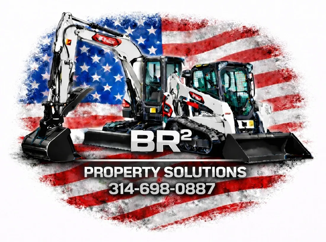 The BR2 Property Solutions logo: a compact excavator and a compact track loader in front of an American flag, above the words BR2 Property Solutions