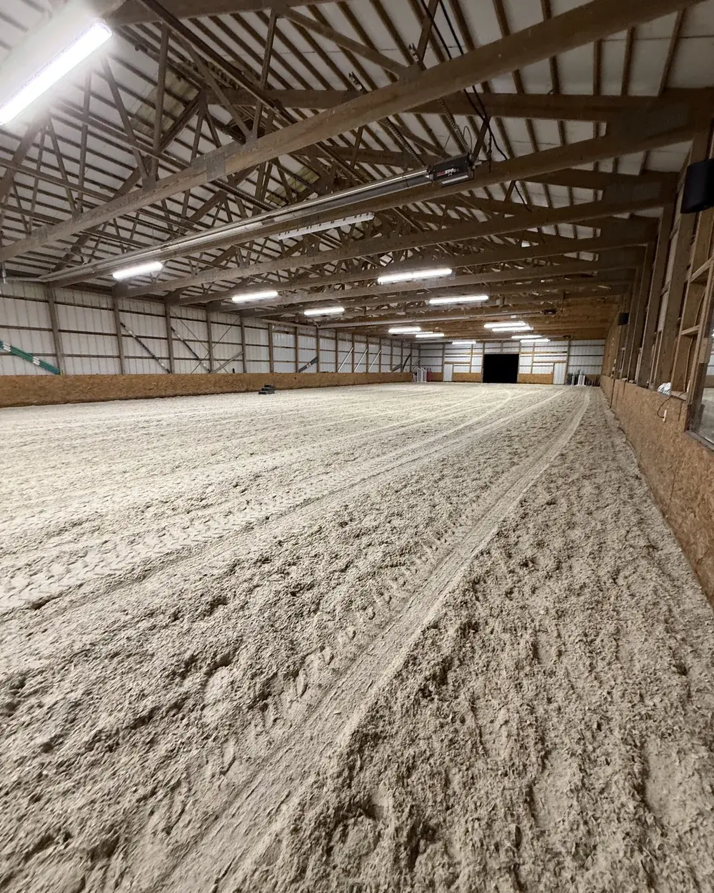The interior of a large timber-framed riding arena with freshly graded sand footing and machine tracks running its length